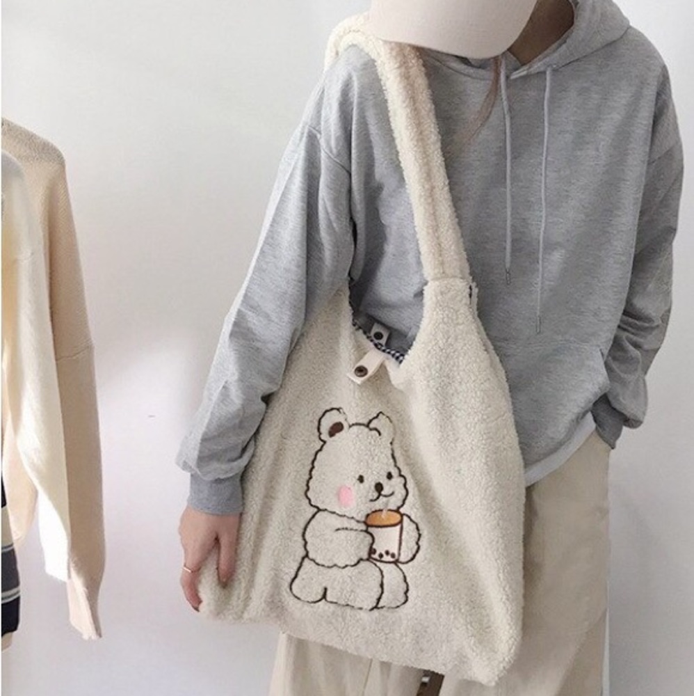 Bear tote bag plush soft fuzzy boba bubble tea cartoon embroidered cream…